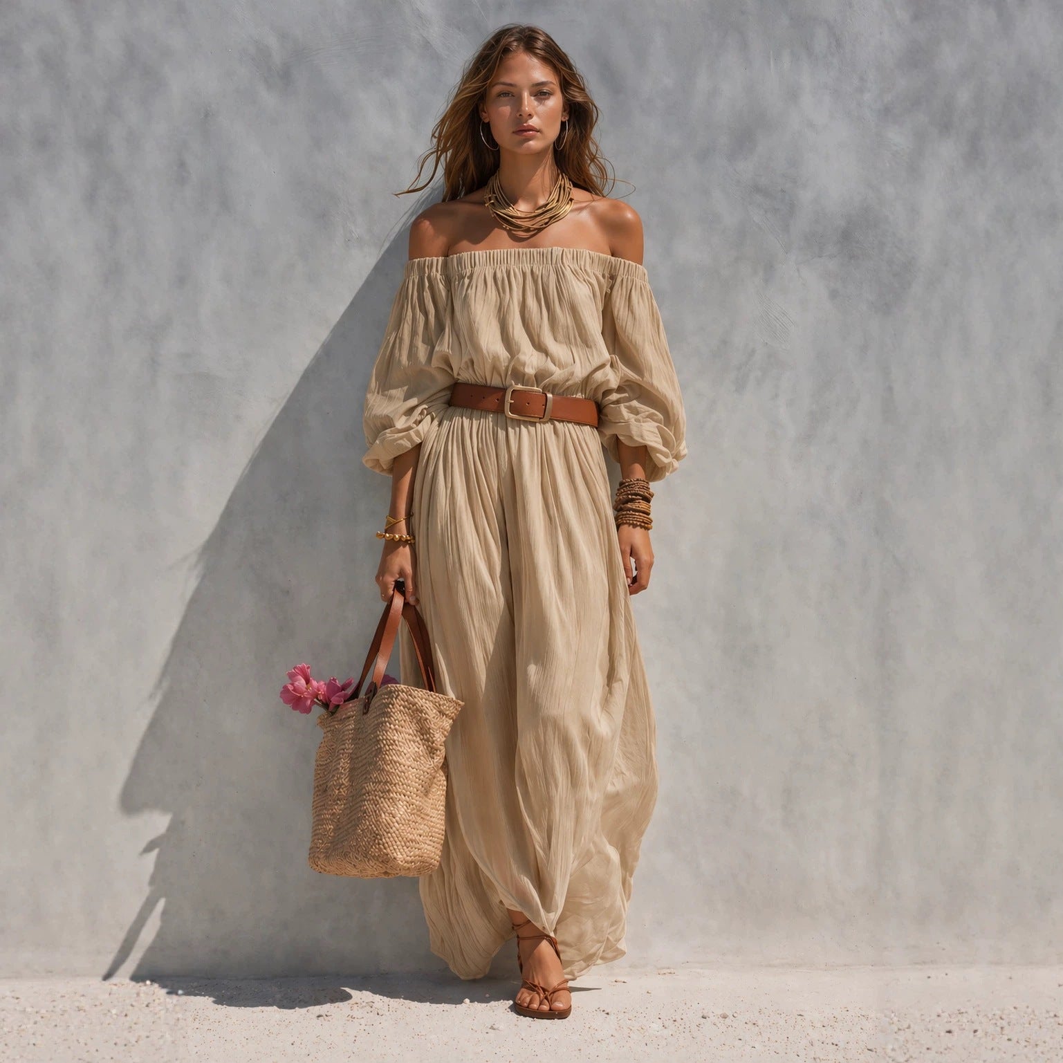 Robe longue sans manches en coton et lin à col bateau pour femme