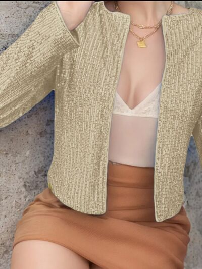 Veste courte élégante à sequins ouverte sur le devant pour femme avec des paillettes glamour, Veste de soirée de luxe pour femme