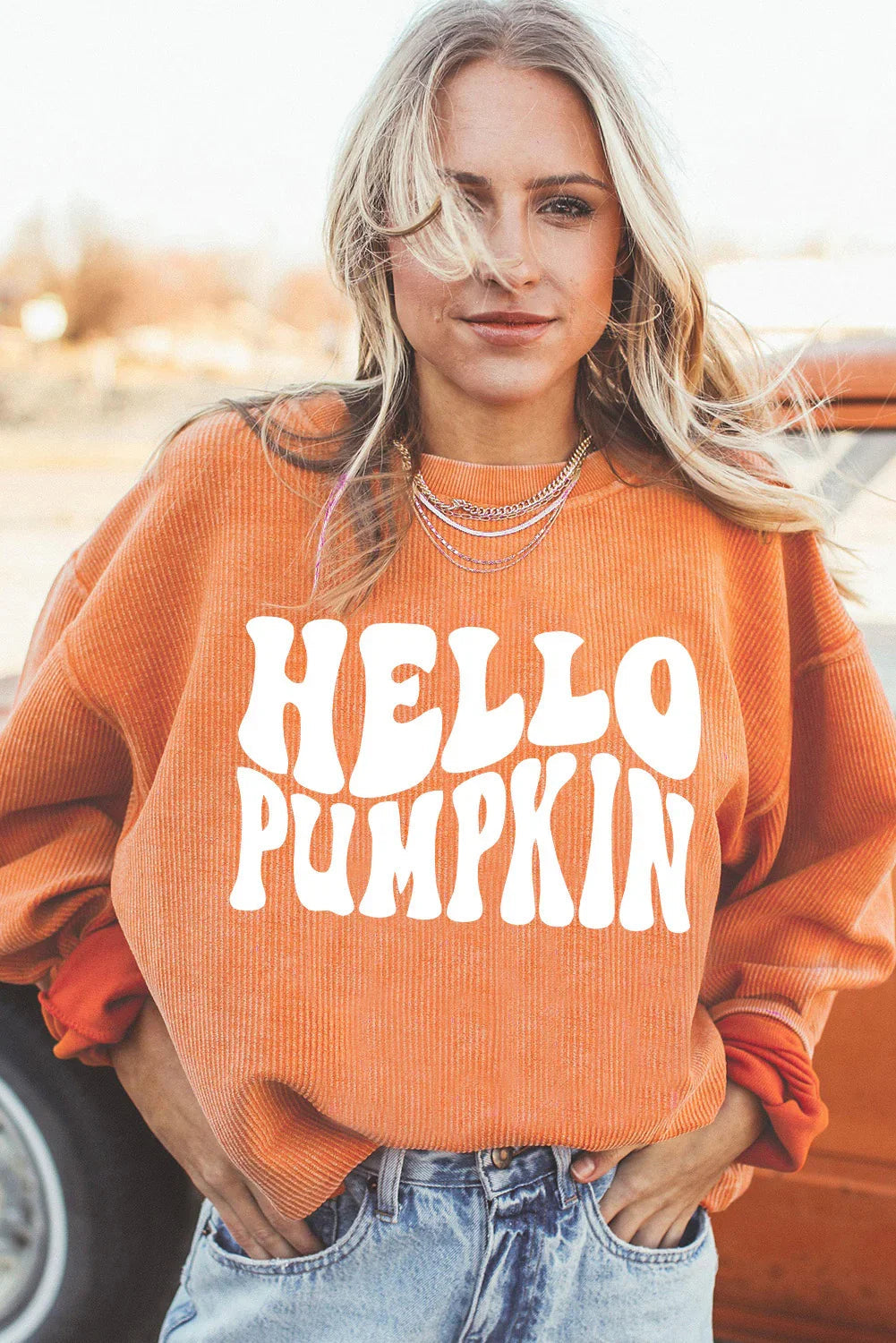 Sweat-shirt côtelé à motif lettre « HELLO PUMPKIN » orange