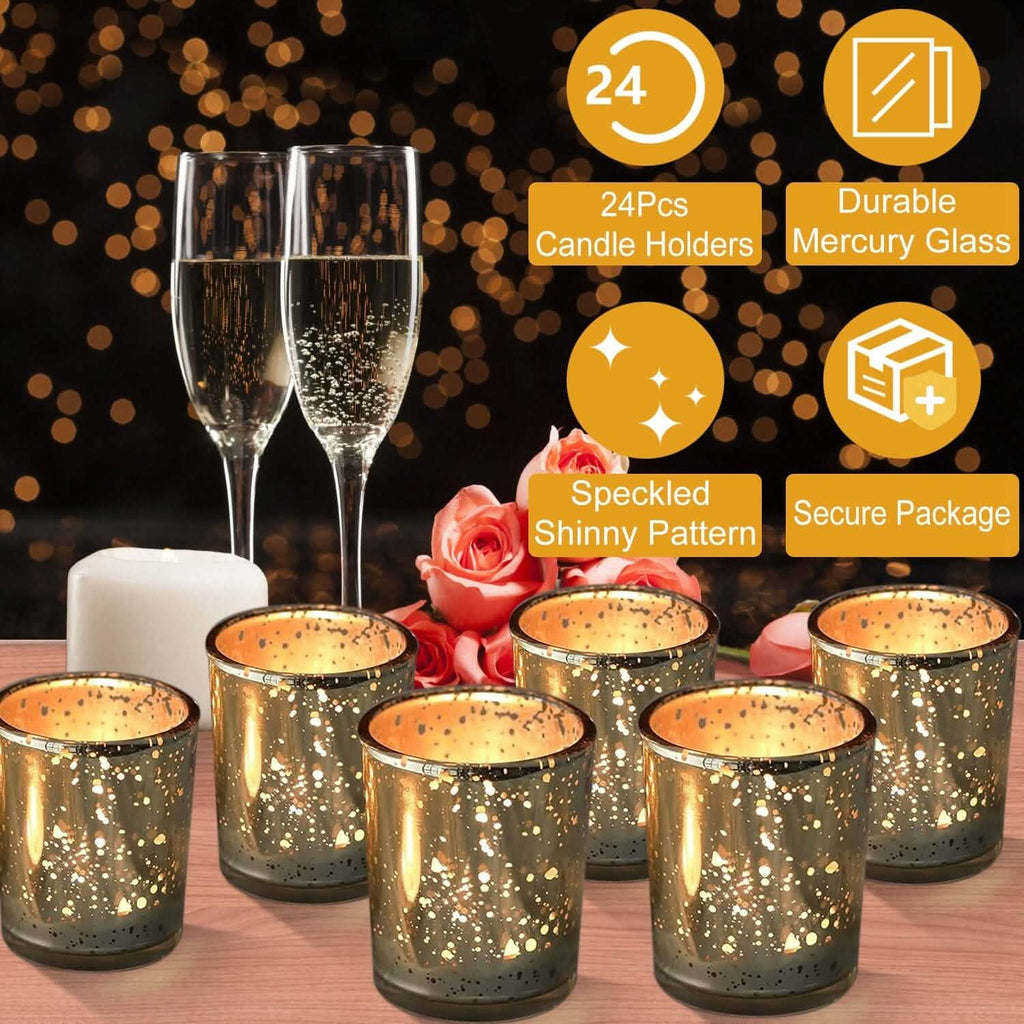 Bougeoirs photophores en verre mercurisé doré, lot de 24 pièces