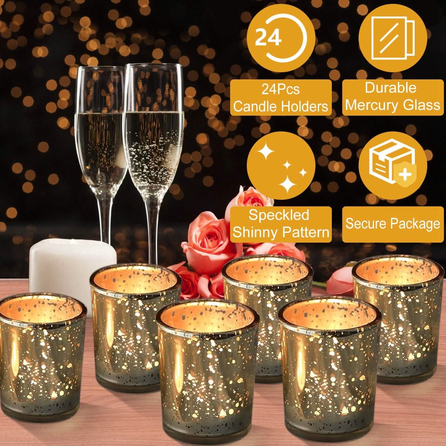 Bougeoirs photophores en verre mercurisé doré, lot de 24 pièces