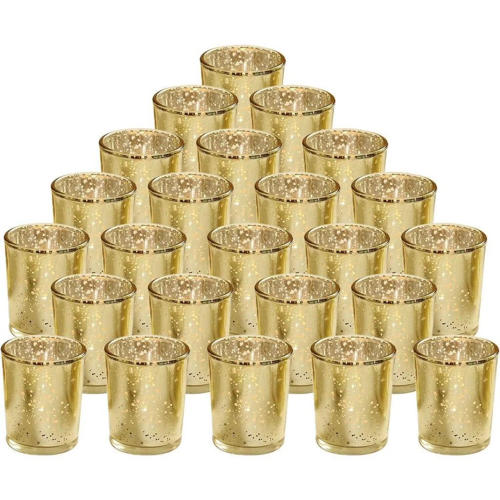 Bougeoirs photophores en verre mercurisé doré, lot de 24 pièces