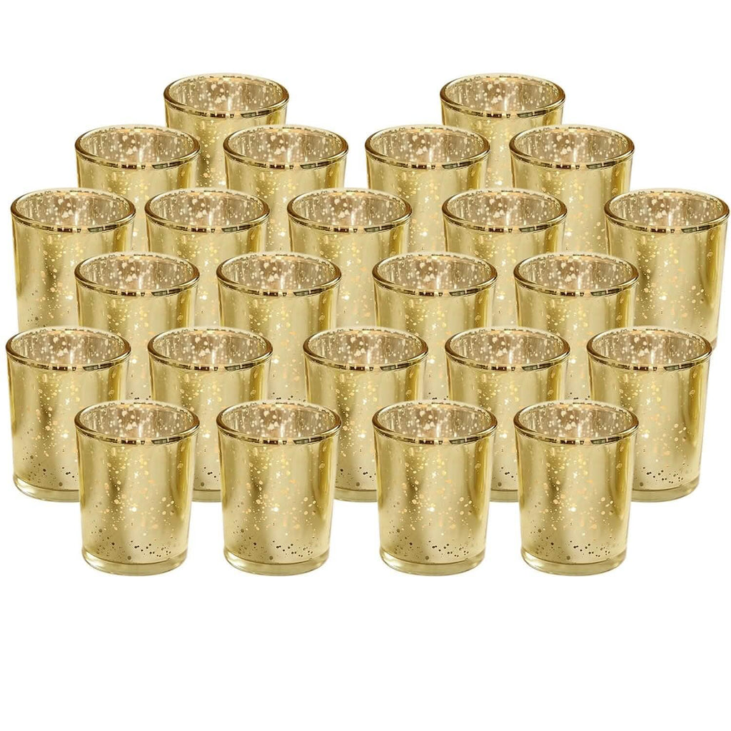 Bougeoirs photophores en verre mercurisé doré, lot de 24 pièces