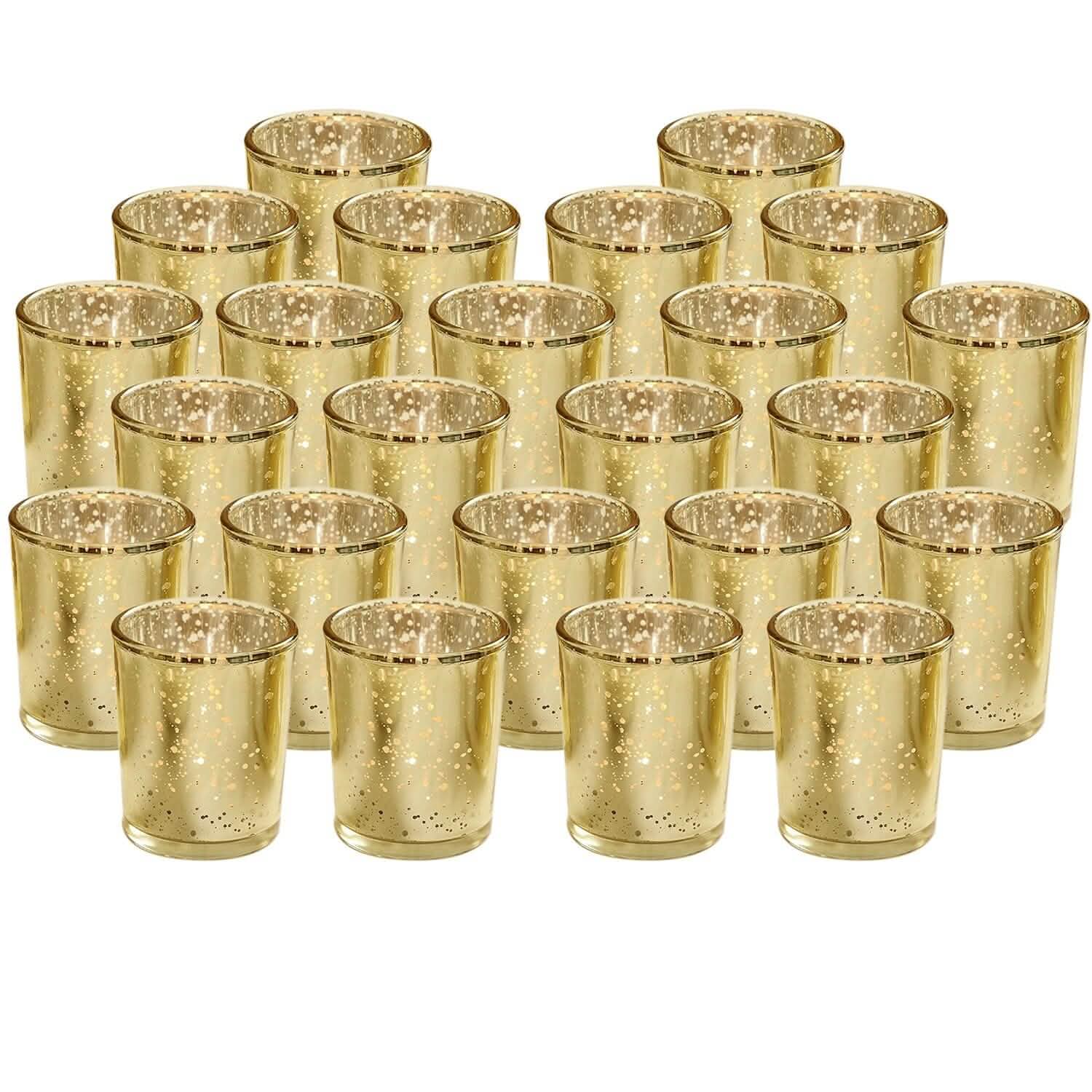 Bougeoirs photophores en verre mercurisé doré, lot de 24 pièces