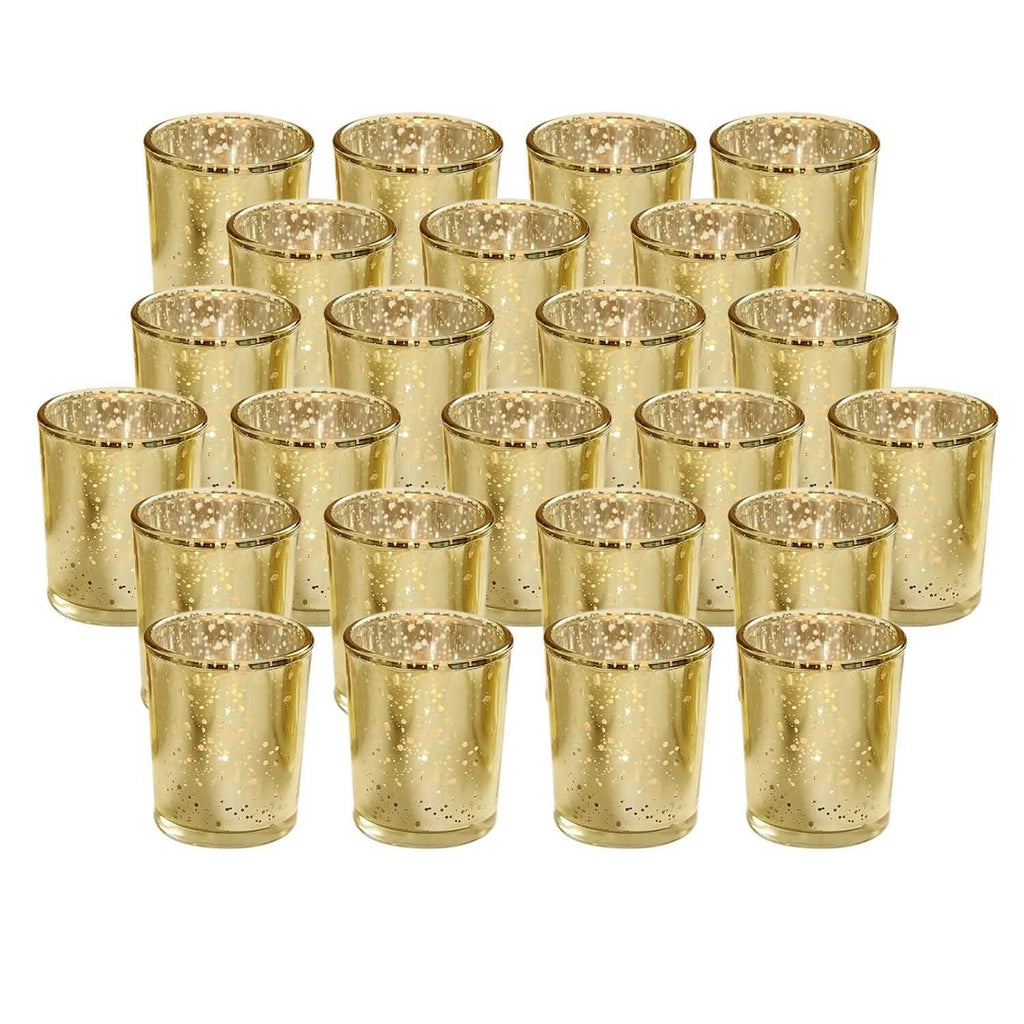 Bougeoirs photophores en verre mercurisé doré, lot de 24 pièces