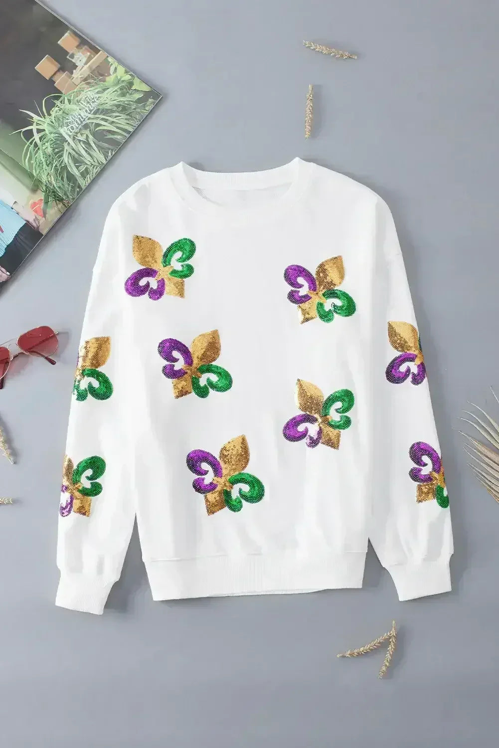 Sweat-shirt ras du cou de Mardi Gras à sequins blancs
