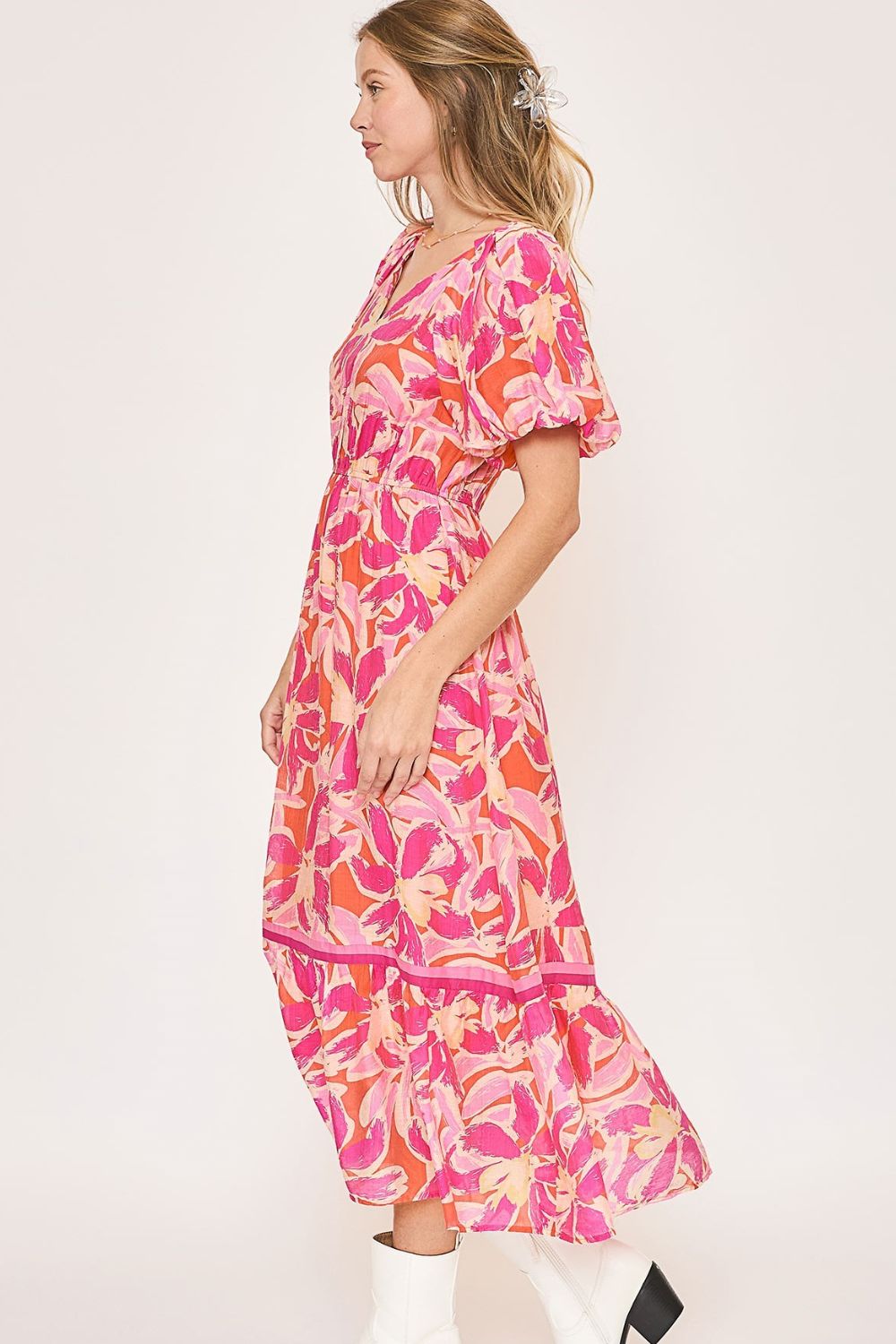 Nouvelle robe mi-longue d'été à manches bouffantes et encoche florale pour femmes – Robe mi-longue fluide et élégante à imprimé floral avec encolure à encoche tendance et manches bouffantes