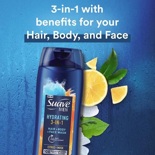 Gel douche 3 en 1 pour homme Suave Men, savon pour le corps pour une peau et des cheveux hydratés, pour le corps, le visage et les cheveux, avec un parfum frais longue durée, 532 ml