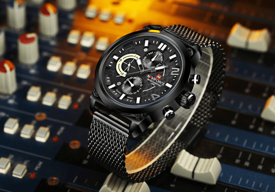 Montres à Quartz Analogiques Multifonctions pour Hommes, Étanche avec Bracelet en Maille d'Acier Inoxydable, Excellent Design, Cadeau Parfait