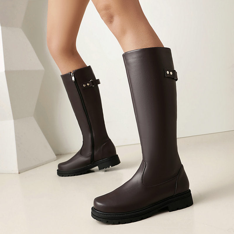Bottes d'équitation rétro style britannique pour femmes – Bottes hautes à boucle de ceinture en cuir