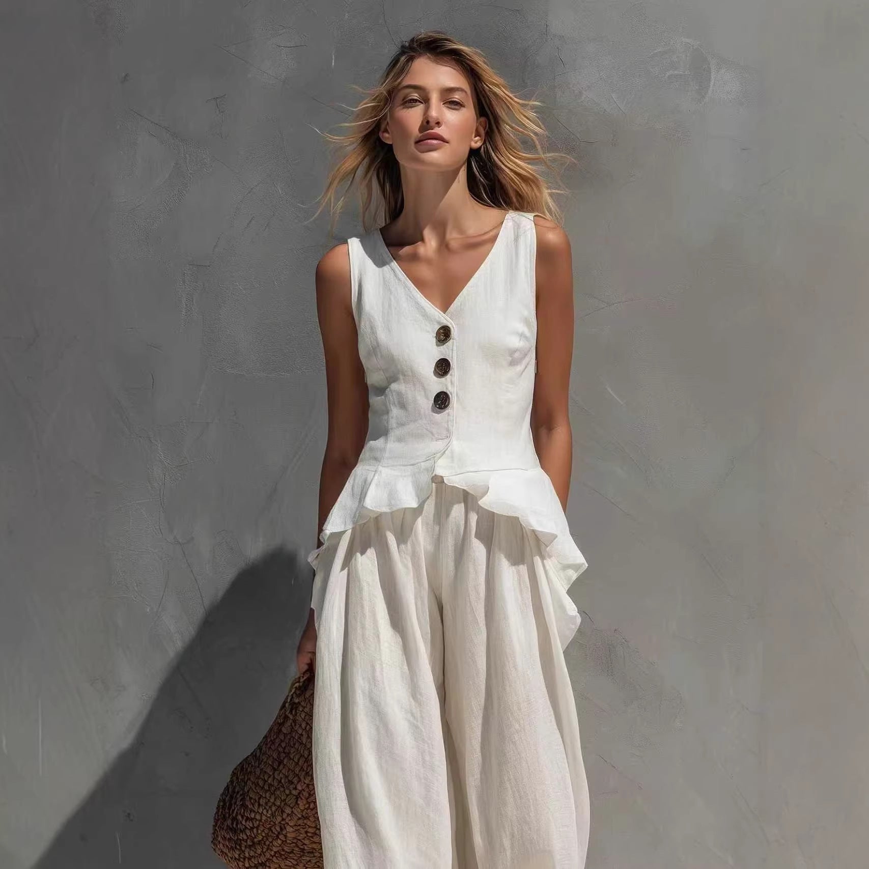 Ensemble deux pièces sans manches et pantalon large pour femme