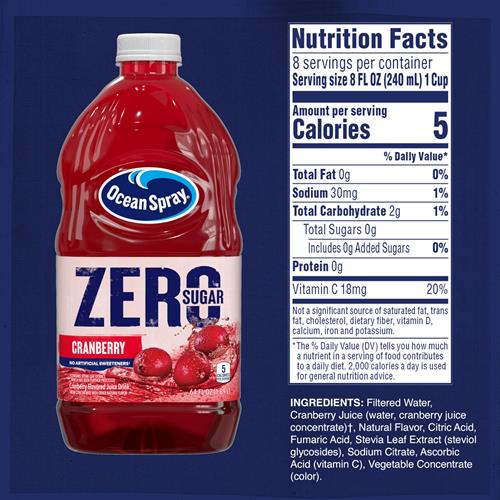Boisson aux canneberges Ocean Spray zéro sucre, Boisson aux canneberges édulcorée à la stévia, Bouteille de 1,89 litre