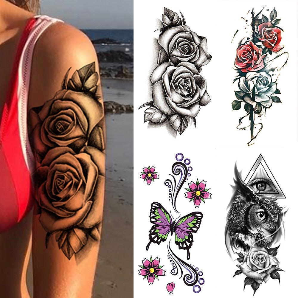 25 feuilles de tatouages éphémères de luxe Fleurs et roses imperméables, autocollants 3D Tatouages de roses pour le corps, faux tatouages pour femmes