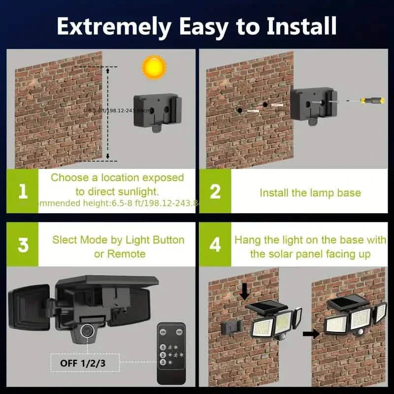 Projecteur solaire de sécurité extérieur 210 LED, 2500 lumens avec télécommande et détecteur de mouvement