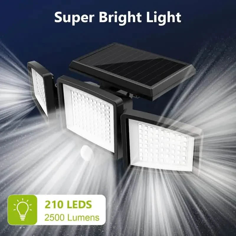 Projecteur solaire de sécurité extérieur 210 LED, 2500 lumens avec télécommande et détecteur de mouvement