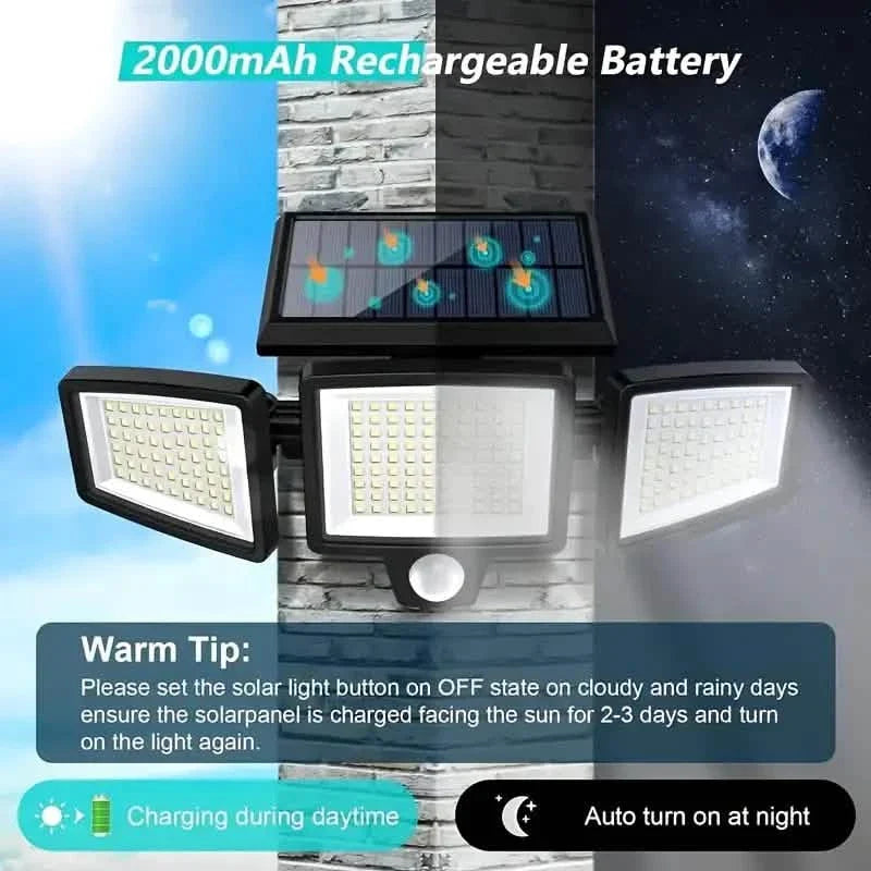 Projecteur solaire de sécurité extérieur 210 LED, 2500 lumens avec télécommande et détecteur de mouvement