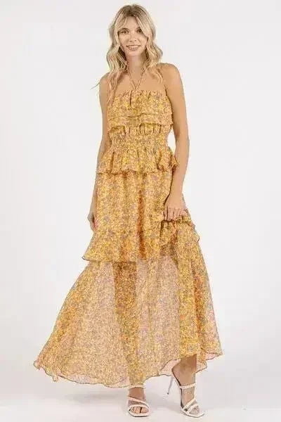 Robe longue à fleurs froncée et à col bénitier Mittoshop