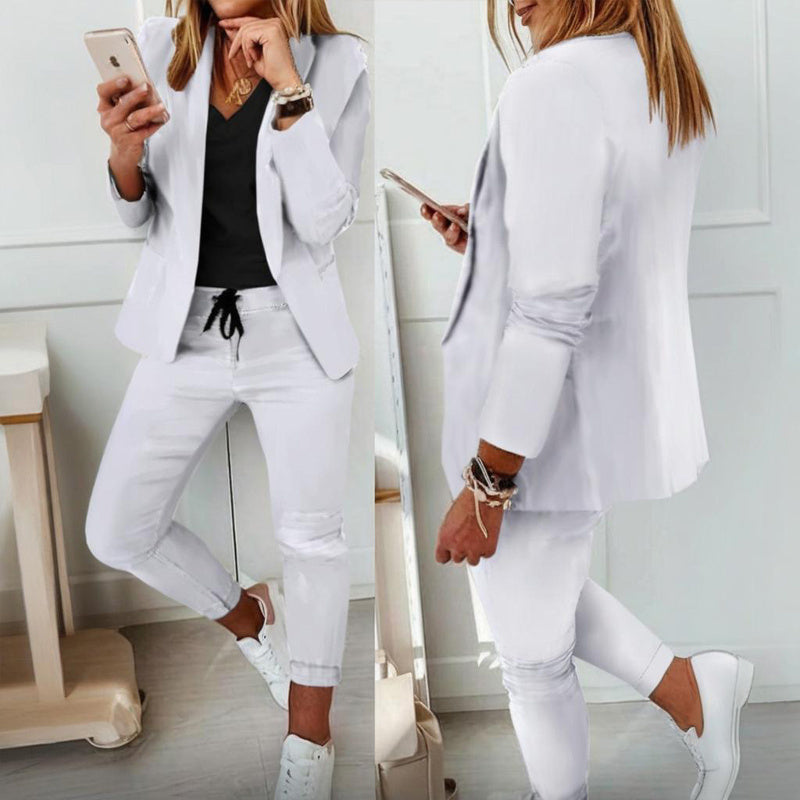 Ensemble tailleur femme blazer à revers crantés et pantalon à cordon de serrage