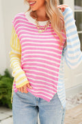 Pull en tricot à manches chauve-souris et fentes, color-block, rayé et patchwork multicolore