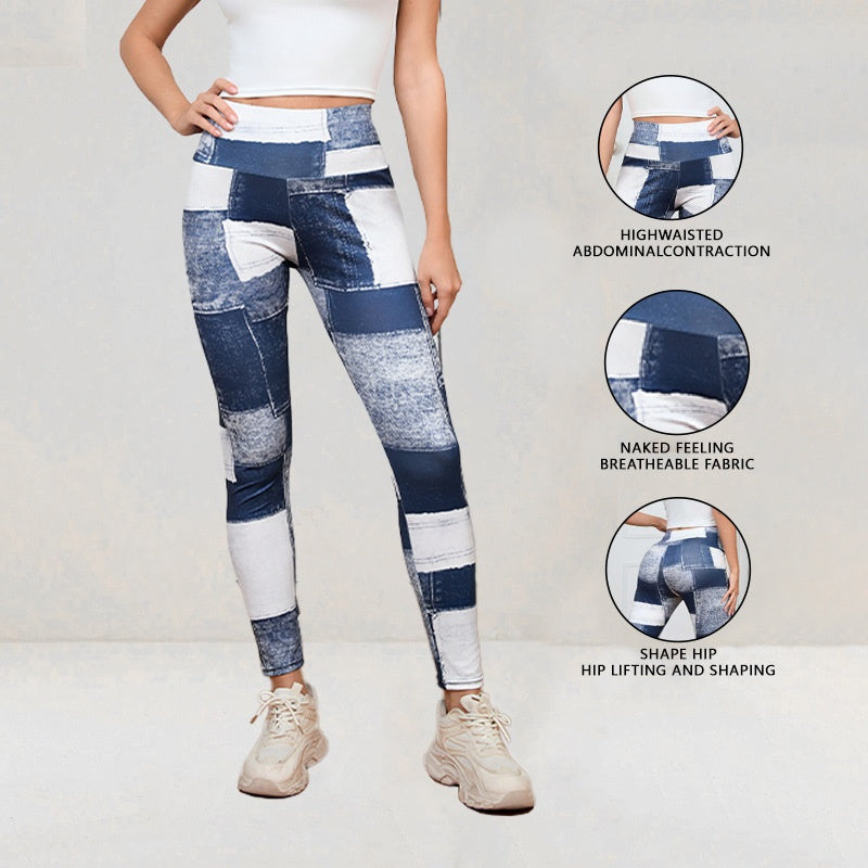 Pantalon de Yoga et Fitness Taille Haute Effet Ventre Plat Coupe Ajustée Imprimé Carreaux Pêche Effet Denim