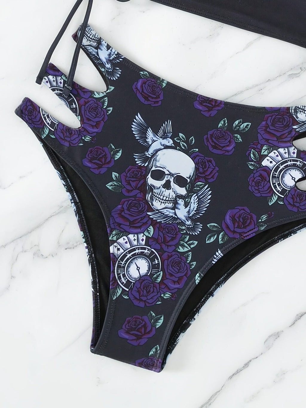 Maillot de Bain 2 Pièces Bikini Imprimé Tête de Mort Creux pour Femme – Maillot de Bain Nœud Papillon Floral Sexy à Lacets avec Col Rond – Ensemble Bikini Extensible Thème Halloween pour Fête à la Plage, Festival et Vacances d'Été