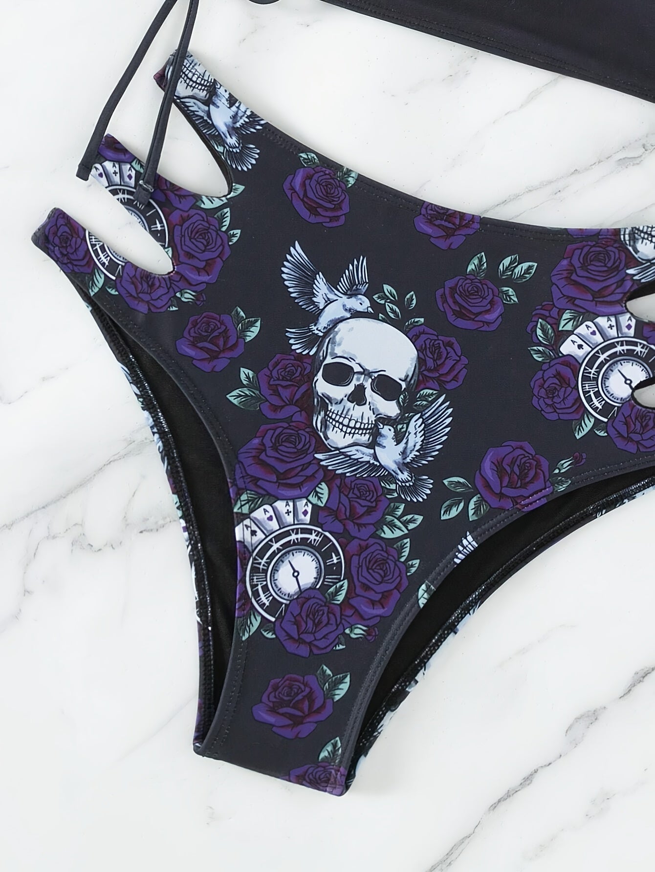 Maillot de Bain 2 Pièces Bikini Imprimé Tête de Mort Creux pour Femme – Maillot de Bain Nœud Papillon Floral Sexy à Lacets avec Col Rond – Ensemble Bikini Extensible Thème Halloween pour Fête à la Plage, Festival et Vacances d'Été