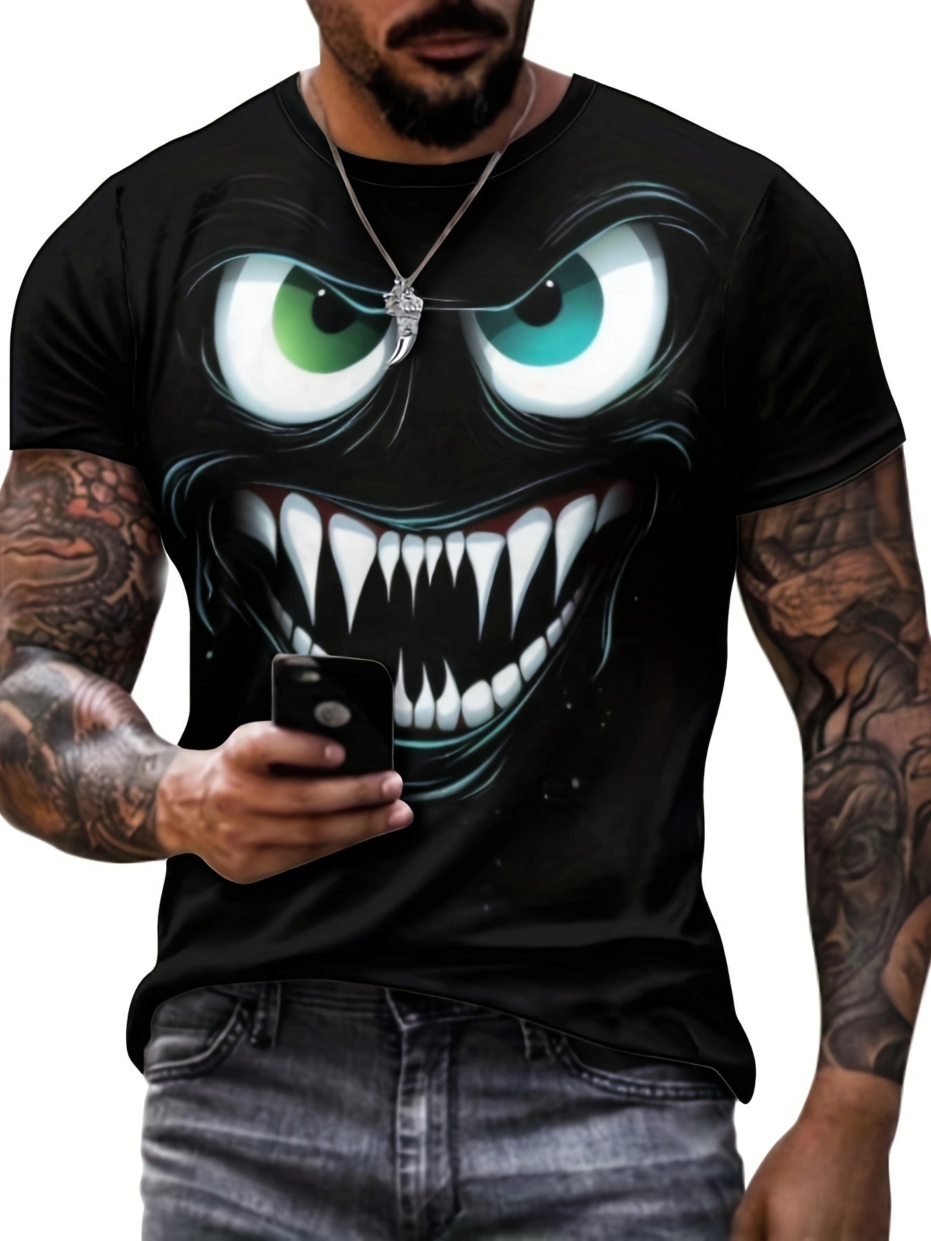 T-shirt 3D manches courtes Evil Smile pour homme – Style streetwear à motif graphique