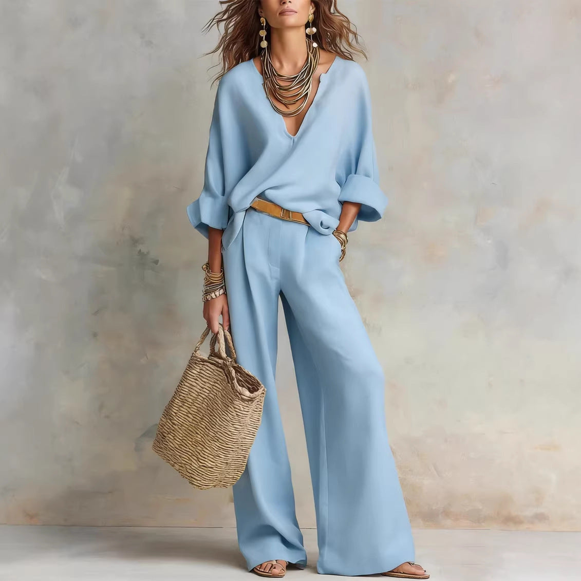 Ensemble décontracté en lin pour femme – Haut à manches trois quarts et pantalon long