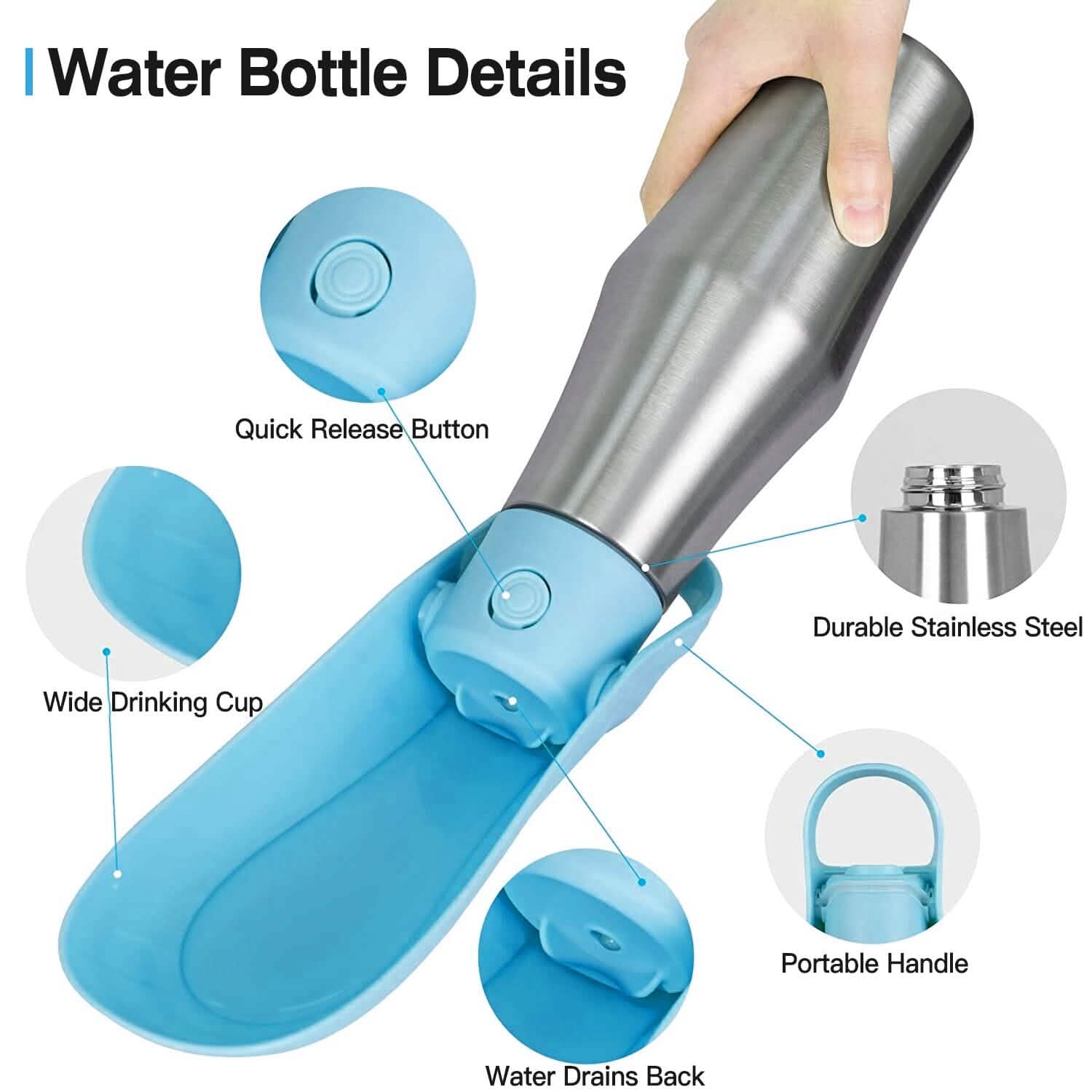 Distributeur d'eau portable en acier inoxydable pour chien, 750 ml, anti-fuite