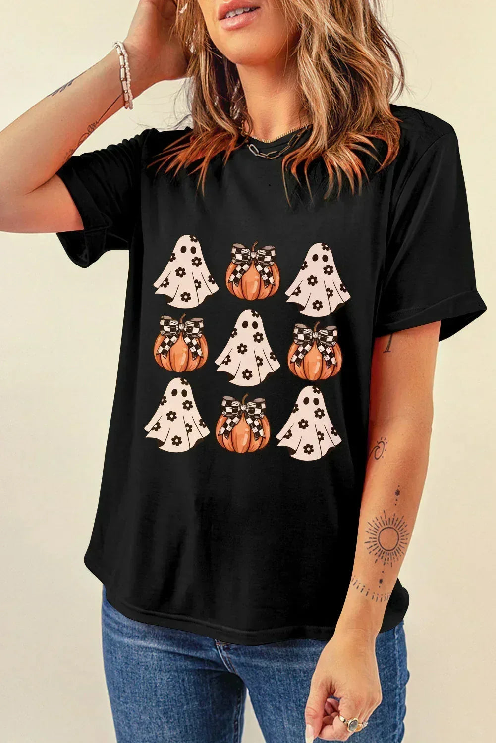 T-Shirt à col rond avec motif citrouille fantôme d'Halloween noir