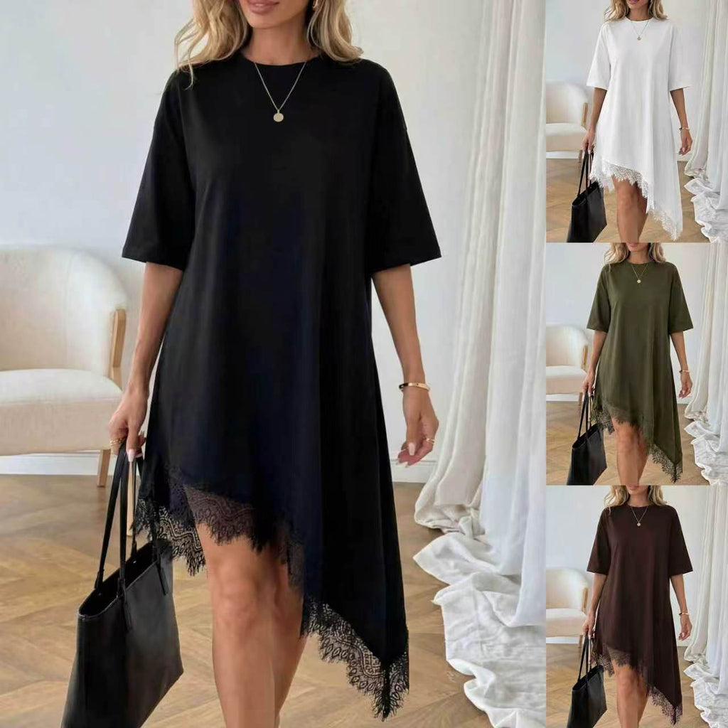 Robe asymétrique à manches trois quarts avec dentelle pour femme