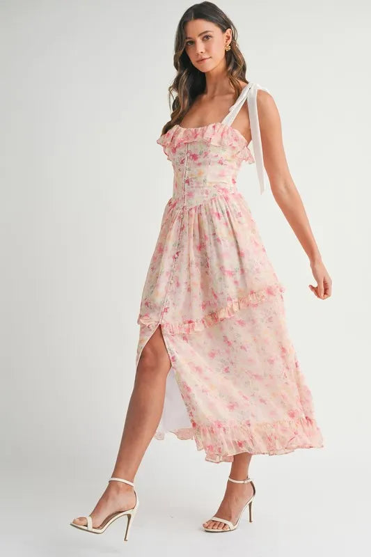 Robe Midi Imprimé Floral à Bretelles Pour Femme – Robe Midi Fleurie, Robe à Bretelles, Robe Midi Volants, Robe Fleurie Féminine, Robe de Soirée Élégante