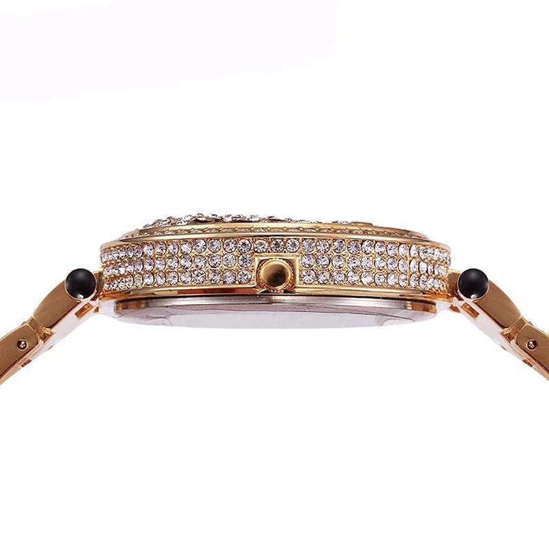 Montre à quartz pour femmes, tendance, bling, décontractée, pour dames, en or, avec cristaux, diamant et léopard, pour femmes et jeunes filles