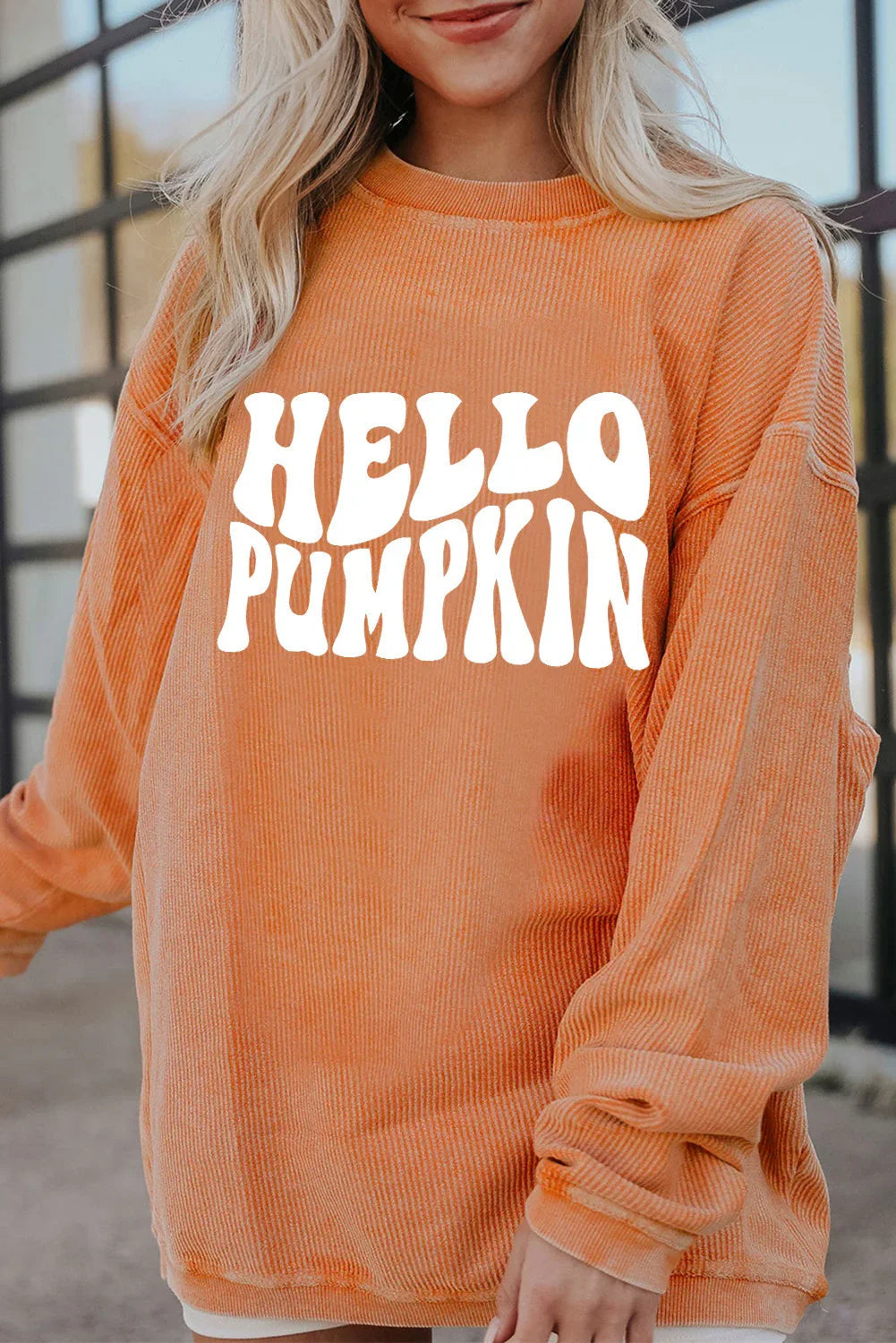 Sweat-shirt côtelé à motif lettre « HELLO PUMPKIN » orange