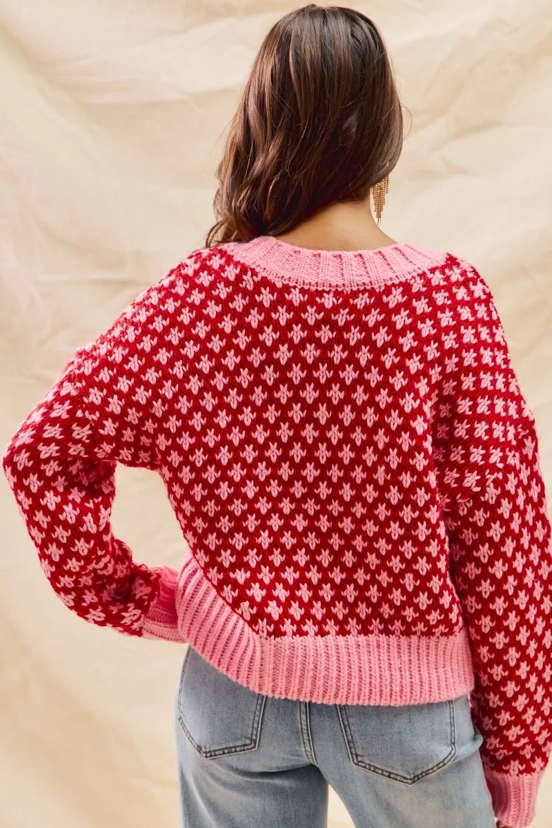 SO ME Pull de Noël texturé à blocs de couleurs avec décolleté en V