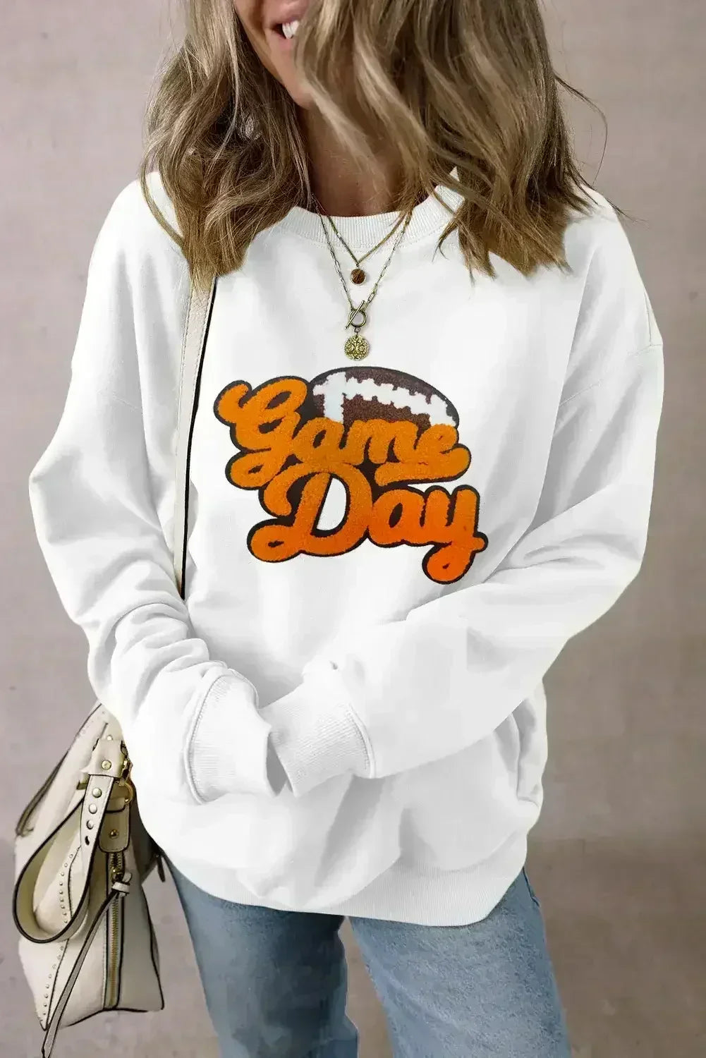 Sweat-shirt pull en chenille blanche à motif rugby et football pour les jours de match