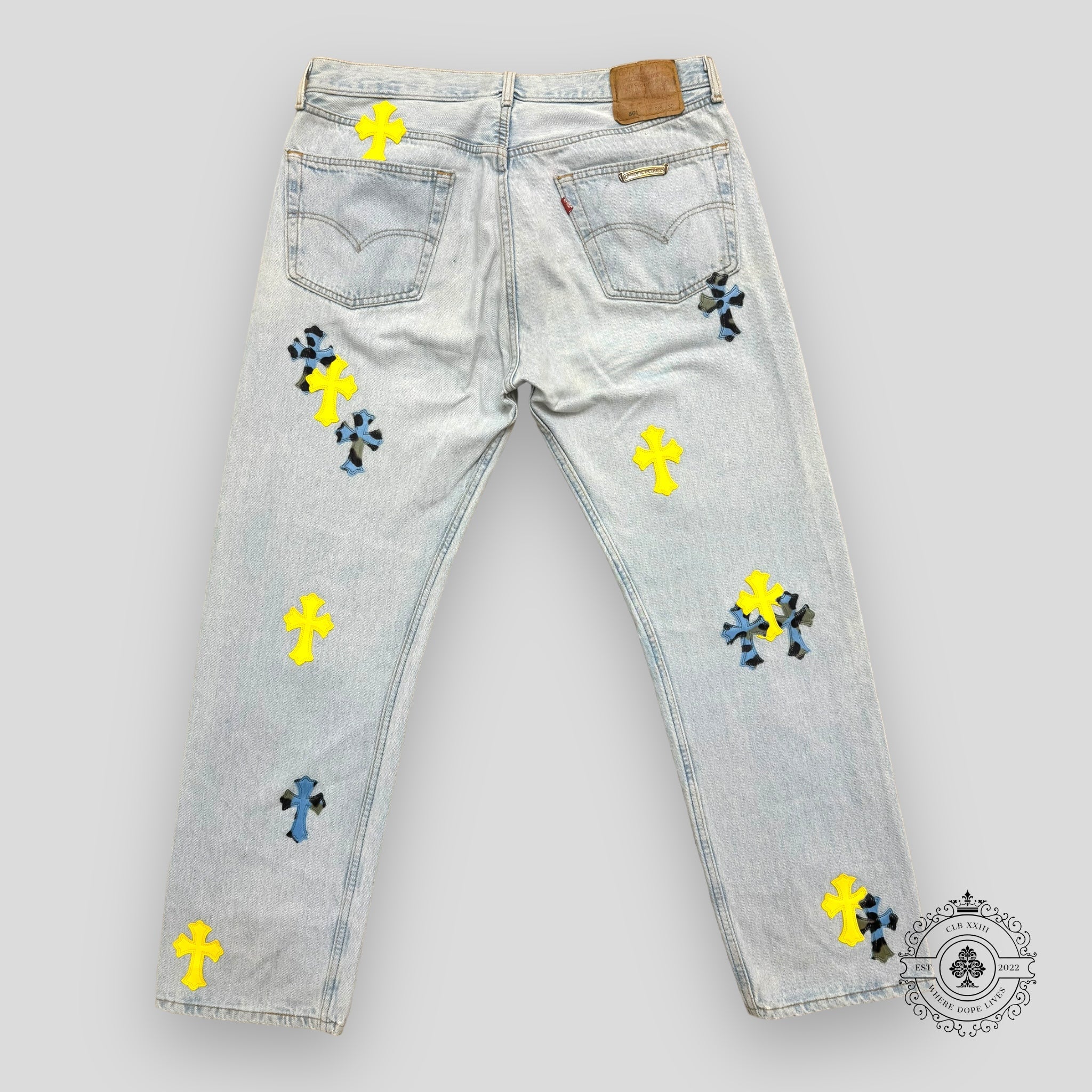 Chrome Hearts Jean Jaune / Bleu avec Patch Croix