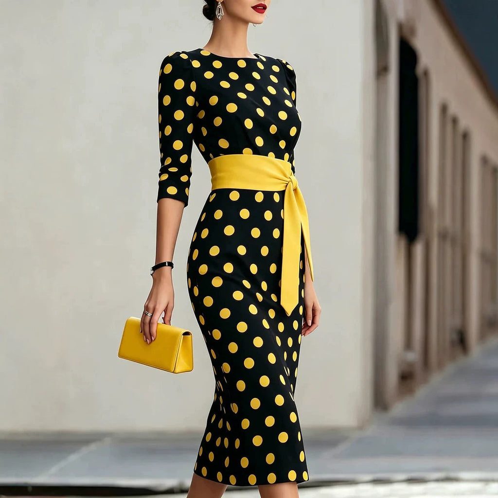 Robe midi moulante rétro à pois pour femme – Ceinturée avec liens croisés