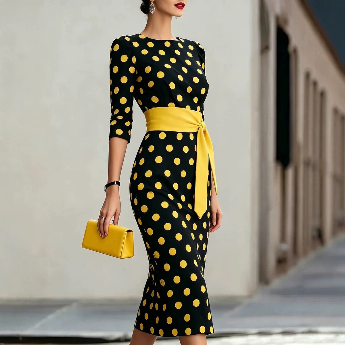 Robe midi moulante rétro à pois pour femme – Ceinturée avec liens croisés