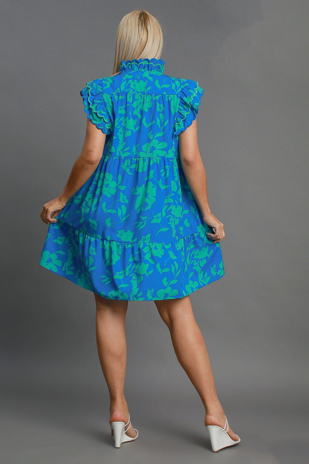 Robe Mini Bleue Grande Taille à Imprimé Floral Bicolore et Manches Volantes, Robe Élégante Grande Taille