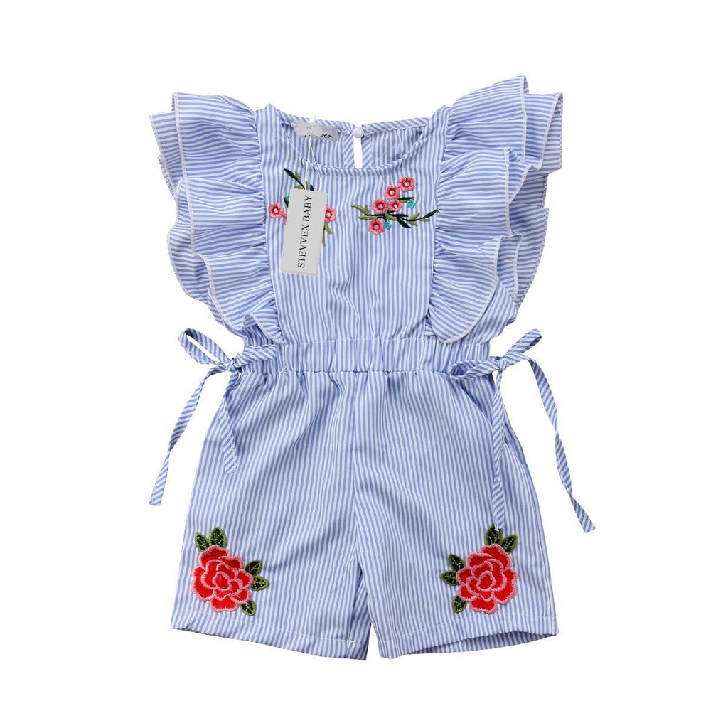 Barboteuse/combinaison d'été pour bébé fille, manches courtes pétales, taille élastique, imprimé floral, rayures bleues, robe en dentelle