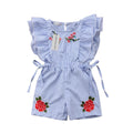 Barboteuse/combinaison d'été pour bébé fille, manches courtes pétales, taille élastique, imprimé floral, rayures bleues, robe en dentelle
