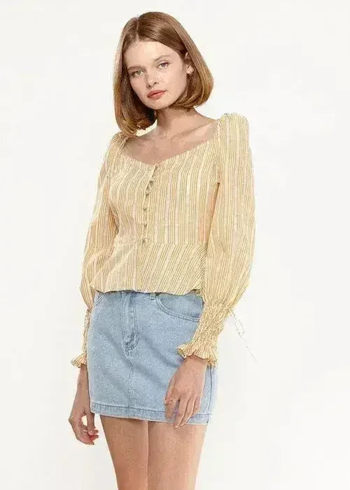 Blouse Péplum Boutonnée Devant avec Manches Smockées Jaune | Femstylo