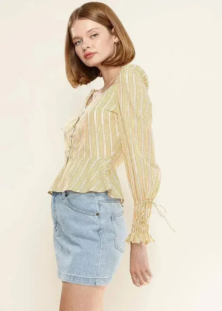 Blouse Péplum Boutonnée Devant avec Manches Smockées Jaune | Femstylo