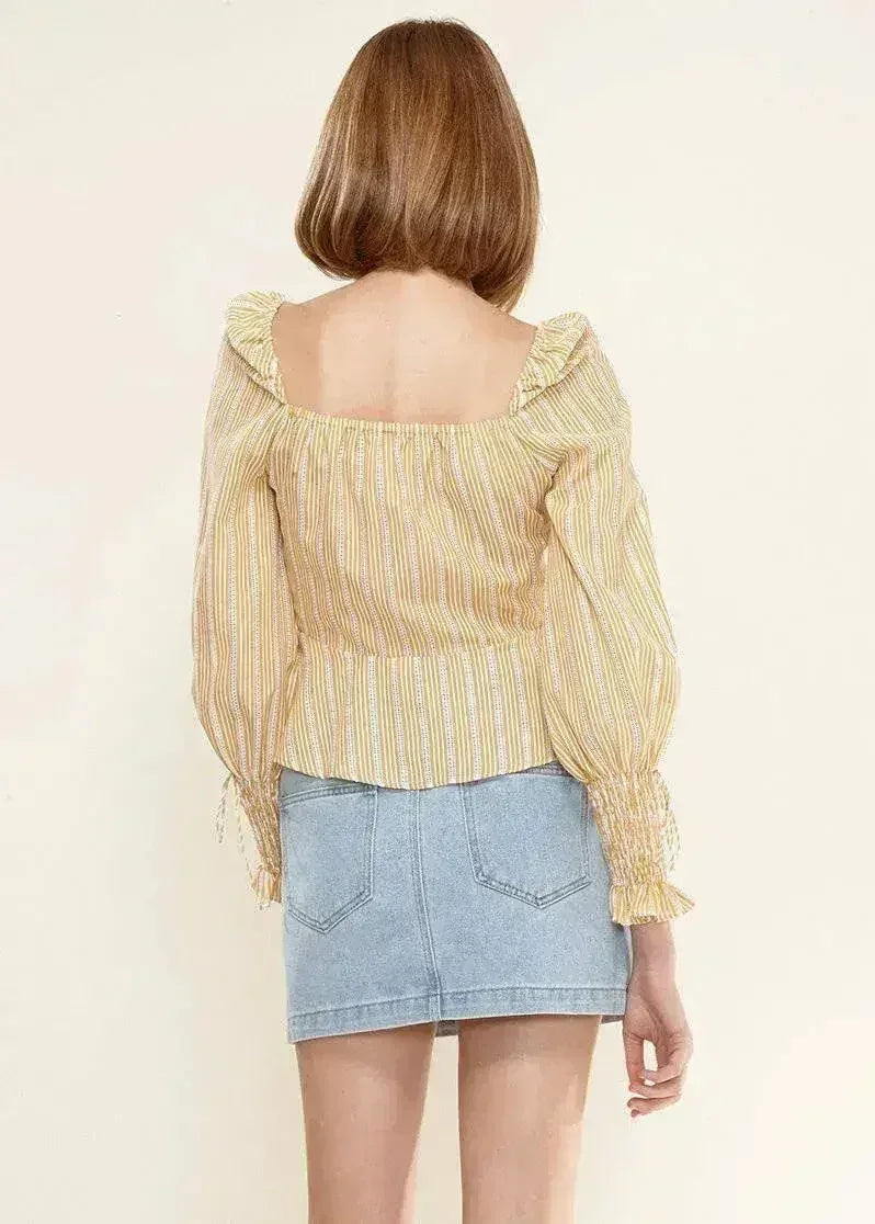 Blouse Péplum Boutonnée Devant avec Manches Smockées Jaune | Femstylo