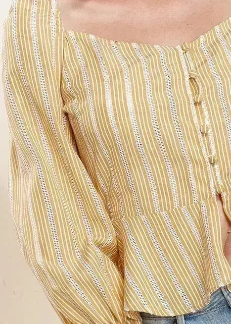 Blouse Péplum Boutonnée Devant avec Manches Smockées Jaune | Femstylo