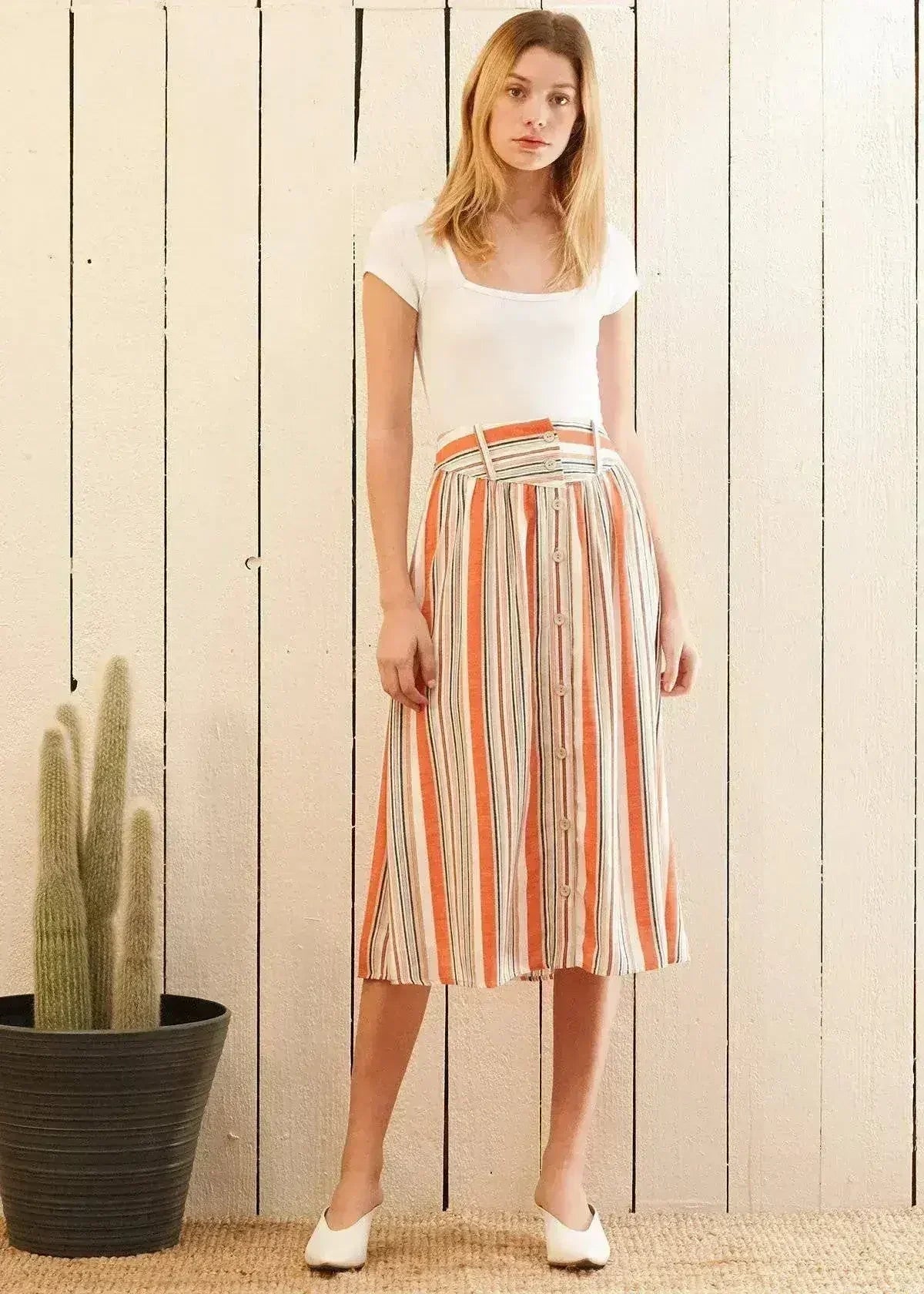 Jupe midi boutonnée à rayures multiples pour femme, coloris rouille multicolore