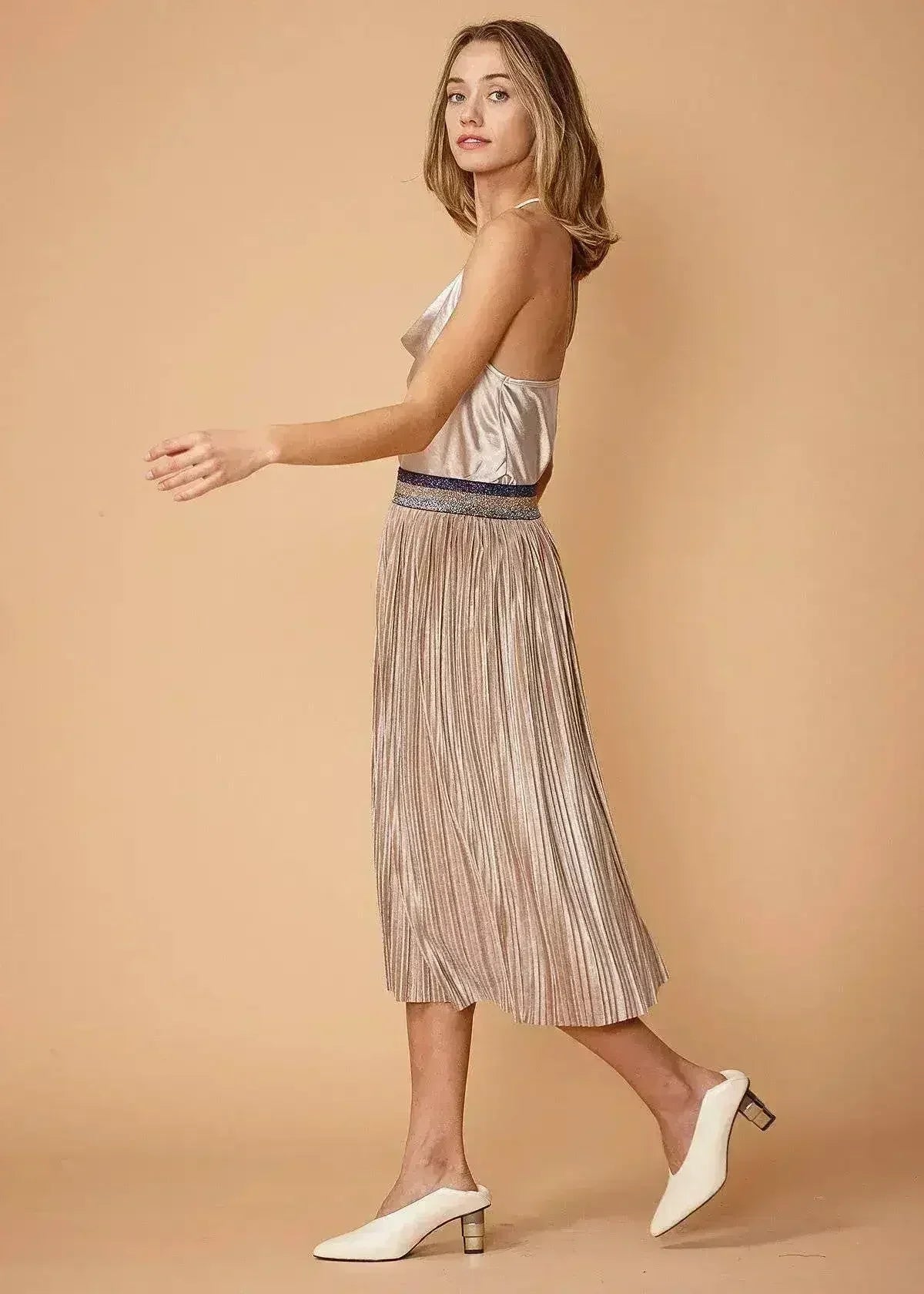 Jupe plissée à taille scintillante pour femme, couleur champagne