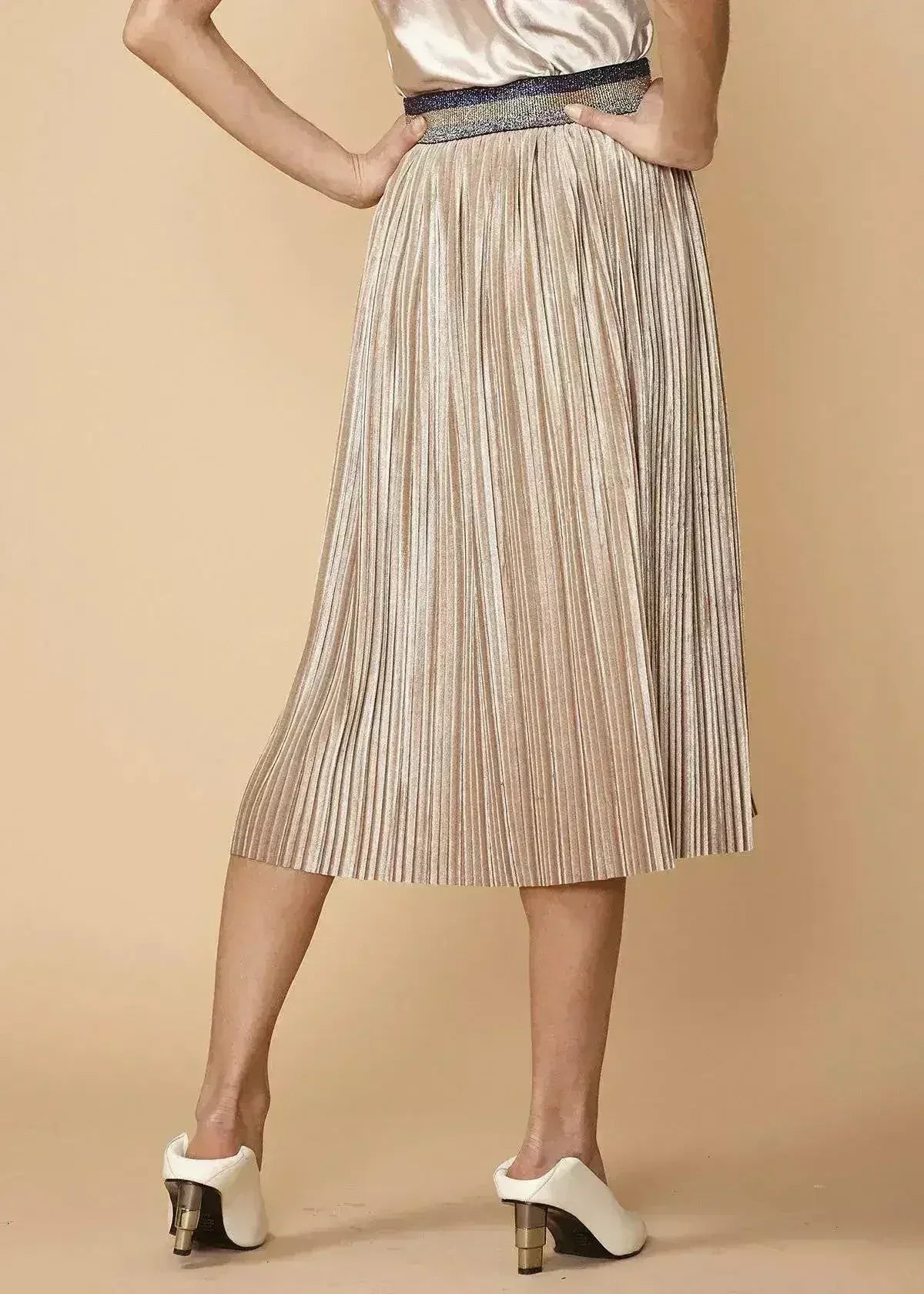 Jupe plissée à taille scintillante pour femme, couleur champagne