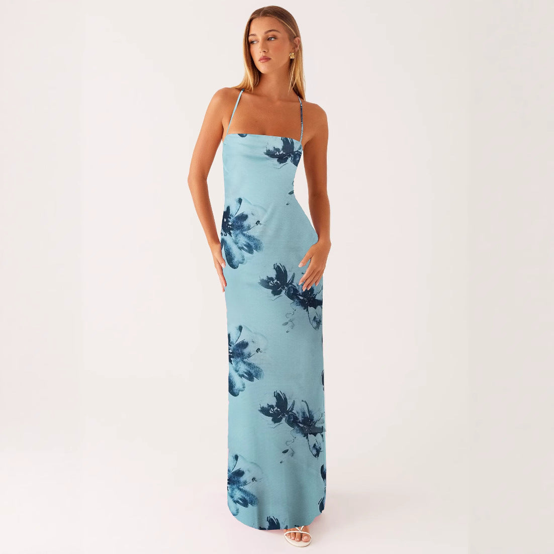 Robe longue moulante sans manches à bretelles imprimée | Taille haute